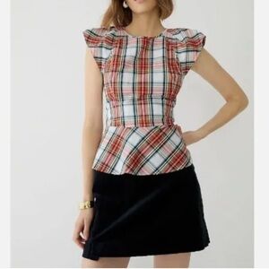 NEW J. CREW Cap-Sleeve Peplum Plaid Top SZ 12 Red White Snowy Stewart Tartan